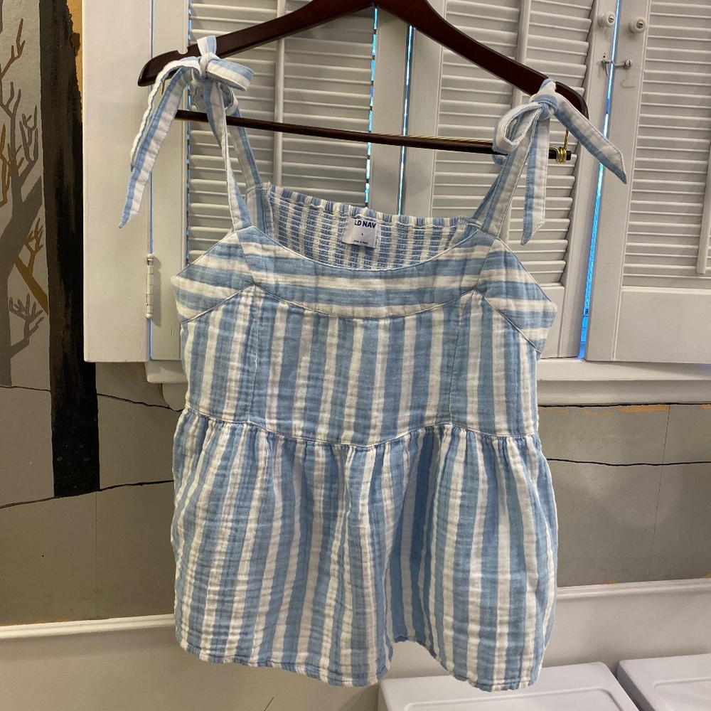 Tie-Shoulder Striped Smocked Babydoll Cami Tank Top